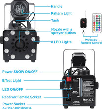 Load image into Gallery viewer, Hakuta Upgraded 800W Snow Machine with 8 LED RGB Lights 900ml Large Capacity Tank,with LED Projection, 2 Wireless Remotes,for Christmas, Halloween, Parties, Wedding and DJ Stage
