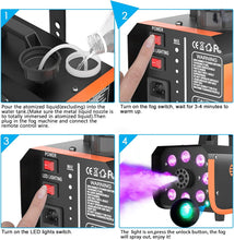 Load image into Gallery viewer, HAKUTA Light Rain and Splash Proof Fog Machine, 500W Smoke Machine with 2300 CFM Output of Fog &amp; 2 Remotes, 8 LED Lights with 4 Light Effects for Outdoor Music Festival Pool Party Wedding DJ Stage
