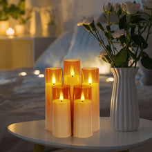 Load image into Gallery viewer, Flickering Flameless Candles Battery Operated, Acrylic Shell Pillar 3D Wick LED Candles with 10-Key Remote Control Timer for Wedding Christmas Home Decor Set of 5 (D2.3 in X H5 5 7 7 8 in), Gold
