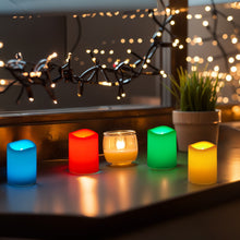 Load image into Gallery viewer, Flameless Votive Candles, IMAGE RGB &amp; White Light LED Candles, Battery Operated, 270 Hours Long Lasting Flickering Tea Lights, Remote Timer for Christmas Halloween Decor, 1.5 x 2 Inch, 12 Pack
