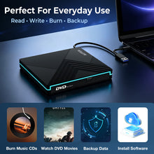 Load image into Gallery viewer, External CD DVD Drive with RGB Light, USB 3.0 Type-C Portable CD DVD Burner Reader Writer, External Optical Disc Drive for Laptop Desktop PC MacBook Windows Mac OS, USB-A &amp; USB-C Cable Included
