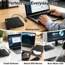 Load image into Gallery viewer, AGPTEK External USB 3.0 CD DVD Drive External CD DVD +/-RW Drive for Laptop Mac PC with 2-in-1 USB-A USB-C Cable, Plug and Play, Supports CD/DVD Read Write, Compact Portable Design
