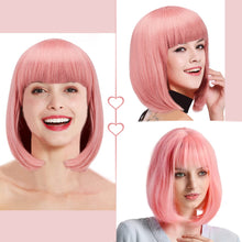 Load image into Gallery viewer, AGPtEK 13&quot; Heat Resistant Straight Short Bob Hair Wigs with Flat Bangs for Women Cosplay Daily Party, Pink
