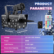 Load image into Gallery viewer, Hakuta Upgraded 800W Snow Machine with 8 LED RGB Lights 900ml Large Capacity Tank,with LED Projection, 2 Wireless Remotes,for Christmas, Halloween, Parties, Wedding and DJ Stage
