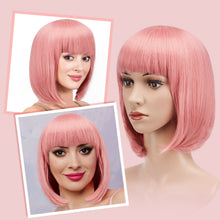 Load image into Gallery viewer, AGPtEK 13&quot; Heat Resistant Straight Short Bob Hair Wigs with Flat Bangs for Women Cosplay Daily Party, Pink
