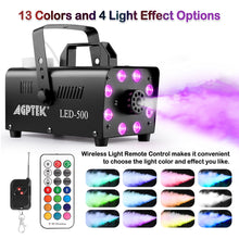 Load image into Gallery viewer, Smoke Machine, Fog Machine with 13 Colorful LED Lights Effect, 500W and 2000CFM Fog with 1 Wired Receiver and 2 Wireless Remote Controls, Perfect for Wedding, Halloween, Party and Stage Effect

