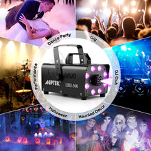 Load image into Gallery viewer, Smoke Machine, Fog Machine with 13 Colorful LED Lights Effect, 500W and 2000CFM Fog with 1 Wired Receiver and 2 Wireless Remote Controls, Perfect for Wedding, Halloween, Party and Stage Effect
