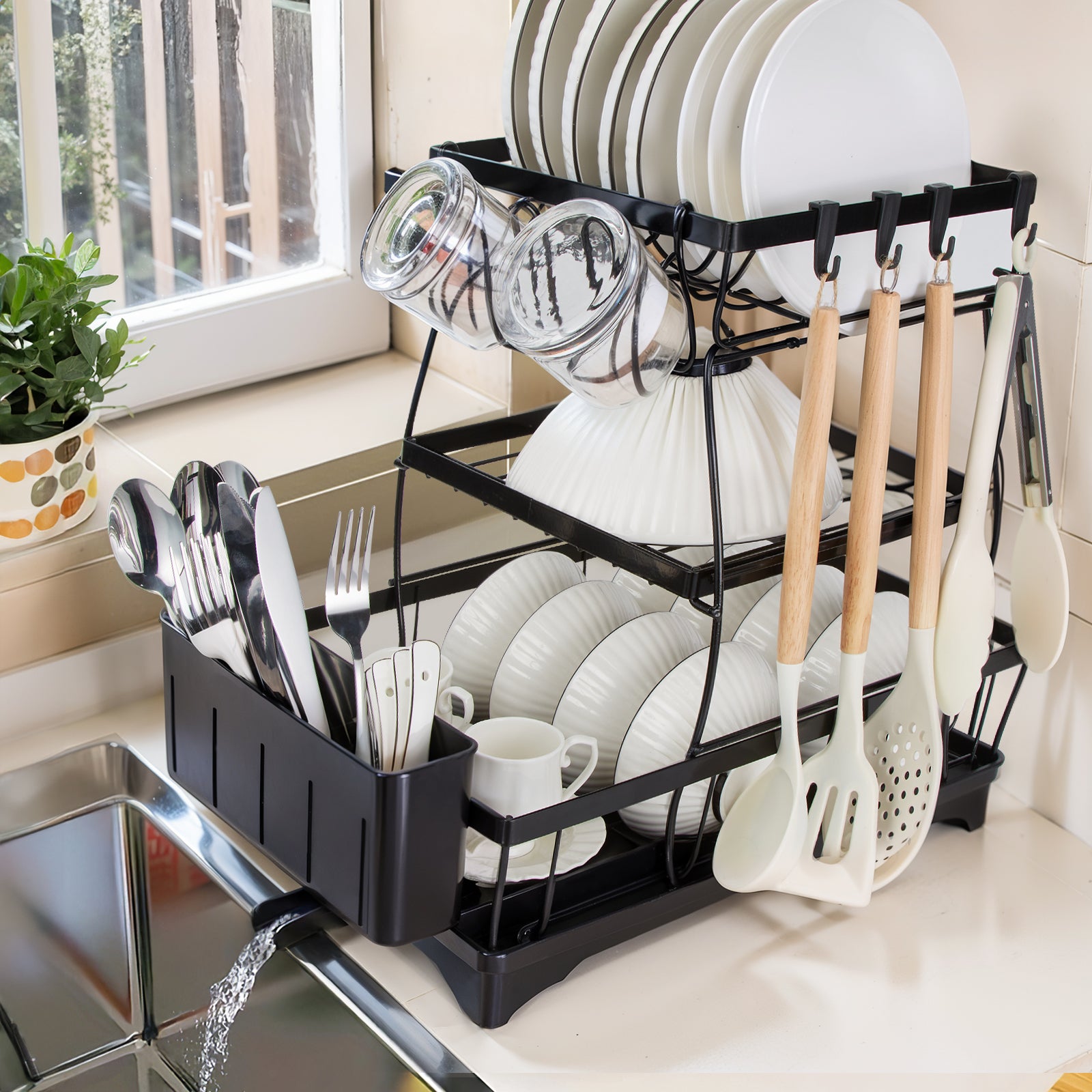 Dish Drying Rack - Countertop Drainer Set with Removable Utensil Holder, Space-Saving 2-Tier Steel Design for Kitchen Use Dish Drying Rack - Countertop Drainer Set with Removable Utensil Holder, Space-Saving 2-Tier Steel Design for Kitchen Use