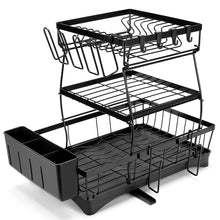 Load image into Gallery viewer, Dish Drying Rack, Dish Rack, Dish Racks for Kitchen Counter, Dish Drainer, Cup Holder for Dishes, Knives, Spoons, Forks, Removable Utensil Holder, with Drainboard and Swivel Water Outlet (Black, 3 Tier)
