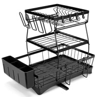 Dish Drying Rack, Dish Rack, Dish Racks for Kitchen Counter, Dish Drainer, Cup Holder for Dishes, Knives, Spoons, Forks, Removable Utensil Holder, with Drainboard and Swivel Water Outlet (Black, 3 Tier)