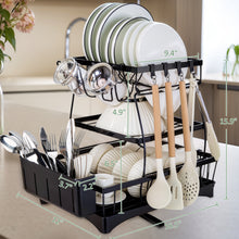 Load image into Gallery viewer, Dish Drying Rack, Dish Rack, Dish Racks for Kitchen Counter, Dish Drainer, Cup Holder for Dishes, Knives, Spoons, Forks, Removable Utensil Holder, with Drainboard and Swivel Water Outlet (Black, 3 Tier)
