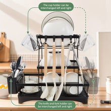 Load image into Gallery viewer, Dish Drying Rack, Dish Rack, Dish Racks for Kitchen Counter, Dish Drainer, Cup Holder for Dishes, Knives, Spoons, Forks, Removable Utensil Holder, with Drainboard and Swivel Water Outlet (Black, 3 Tier)
