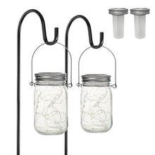 Load image into Gallery viewer, 4Pcs Solar Mason Jar Lid Lights+2x Shepherd Hooks-Hanging Lanterns+2x Mason Jars, Perfect Patio Garden Wedding Pathway Outdoor LED Lights, No Wiring Required (2-Pack)
