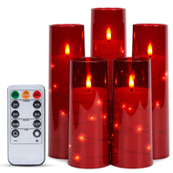 Flickering Flameless Candles Battery Operated, Acrylic Shell Pillar 3D Wick LED Candles with 11-Key Remote Control Timer for Wedding Christmas Home Decor Set of 5, Red