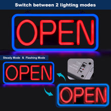 Load image into Gallery viewer, FITNATE Neon Open Sign for Business,21.5x9.5inch Ultra Bright LED Open Sign, With Remote Controller, On/OFF Button, Flashing &amp; Steady Light Mode(Blue/Red), High Lumen&amp;Long Power Cord
