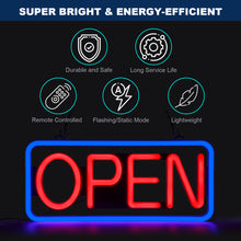 Load image into Gallery viewer, FITNATE Neon Open Sign for Business,21.5x9.5inch Ultra Bright LED Open Sign, With Remote Controller, On/OFF Button, Flashing &amp; Steady Light Mode(Blue/Red), High Lumen&amp;Long Power Cord
