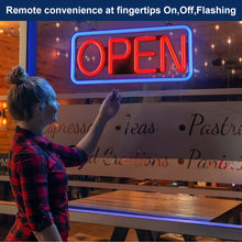 Load image into Gallery viewer, FITNATE Neon Open Sign for Business,21.5x9.5inch Ultra Bright LED Open Sign, With Remote Controller, On/OFF Button, Flashing &amp; Steady Light Mode(Blue/Red), High Lumen&amp;Long Power Cord
