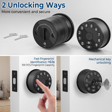 Load image into Gallery viewer, Keypad Door Knob Lock, Electronic Door Handle with Keypad and Key, Automatic Locking, User Managed, 100 Codes, For Office, Warehouse, Bedroom, Garage, Black
