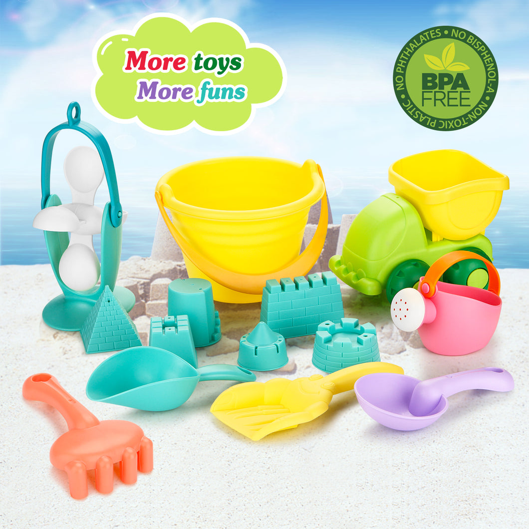 Fitnate 14PCS Beach Toys Set Soft Plastic Pool Toys / Bath Toys for Kids, Boys, Girls & Toddler with Mesh Bag, Truck, Bucket, Shovels, Rakes, Lots of Sand Molds (BPA Free)
