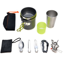 Load image into Gallery viewer, ODOLAND Camping Cookware Kit Lightweight Portable Cookware Set with Water Cup Fork Kit and Multi-functional Carabiner with Knife, Great for Backpacking Outdoor Camping Hiking and Picnic
