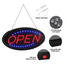 Load image into Gallery viewer, LED Open Sign, 19x10inches(Update Version) Business Open Sign Advertisement Board Electric Display Sign,With Remote Control&amp;Timing Function,2 Lighting Modes Flashing &amp; Steady, for Business, Walls, Window, Shop, Bar, Hotel

