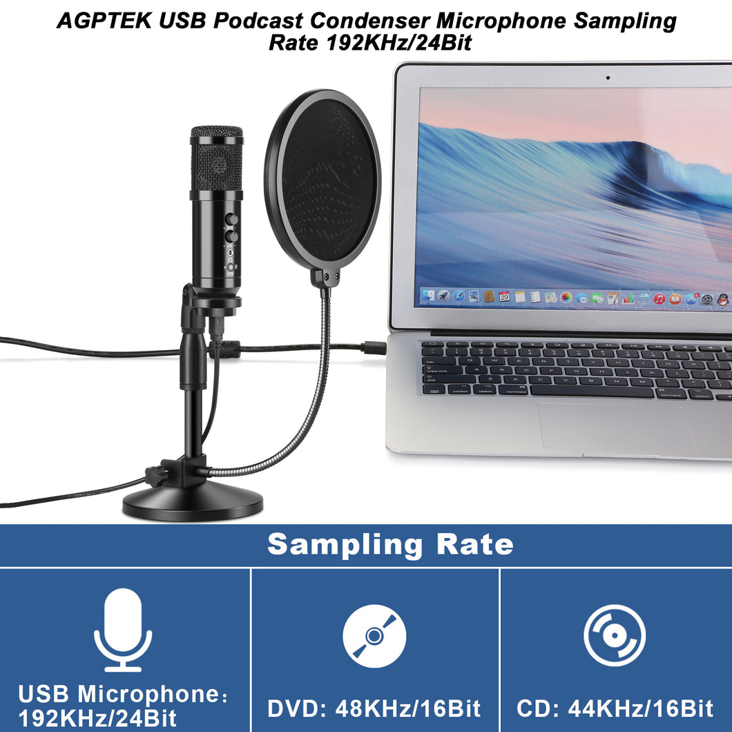AGPtEK USB Condenser Microphone+Table Stand+Pop filter Kit+Wind Foam for Laptops PC Phones