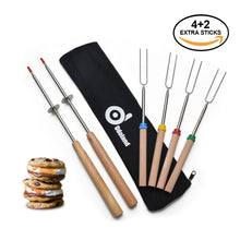 Load image into Gallery viewer, Marshmallow Roasting Sticks - ODOLAND Set of 4 + 2 Extra Sticks ¨C 32 Inch Telescoping Smores Skewers &amp; Hot Dog Forks with Storage Bag - Best Camping Accessories for Kids over BBQ Bonfire and Campfire Cooking
