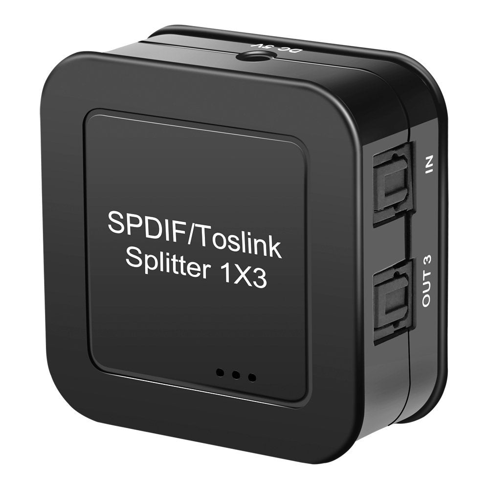 SPDIF/TOSLINK Optical Digital Audio Splitter 1x3 Fiber Audio Splitter 1 In 3 Out Powered Amplifier Supports 5.1CH/LPCM2.0/DTS/Dolby-AC3