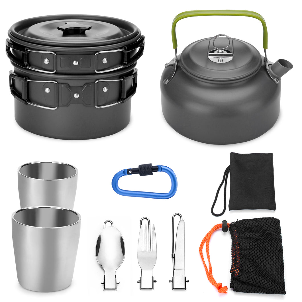 ODOLAND 10pcs Camping Cookware Mess Kit Lightweight Pot Pan Kettle with 2 Cups Fork Knife Spoon Kit for Backpacking Outdoor Camping Hiking and Picnic
