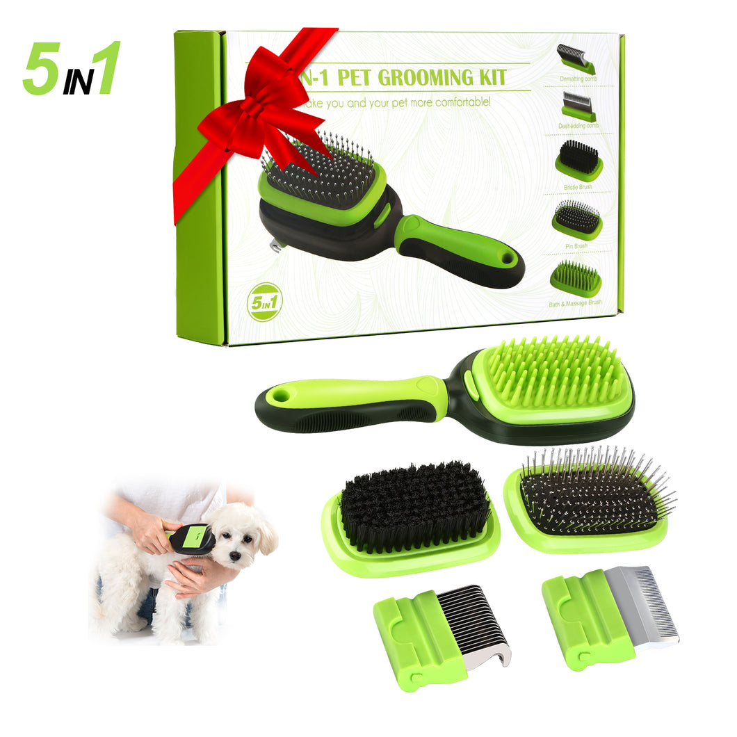 5 In 1 Pet Brush Set Pet Grooming Shedding Massage Combs for Dogs & Cats Removes Undercoat Dander Dirt