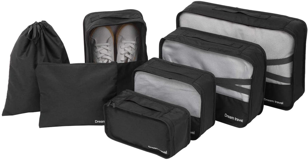 FITNATE 7 Packs Travel Storage Bag Breathable, Lightweight and Durable, Luggage Organizer Multifunctional Cubes (Black)