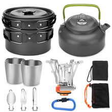 Load image into Gallery viewer, ODOLAND 12pcs Camping Cookware Mess Kit with Mini Stove, Lightweight Pot Pan Kettle with 2 Cups Fork Knife Spoon Kit for Backpacking Outdoor Camping Hiking and Picnic

