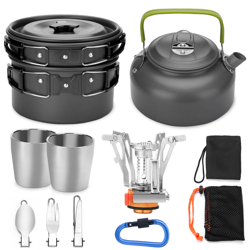 ODOLAND 12pcs Camping Cookware Mess Kit with Mini Stove, Lightweight Pot Pan Kettle with 2 Cups Fork Knife Spoon Kit for Backpacking Outdoor Camping Hiking and Picnic