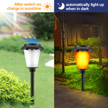 Load image into Gallery viewer, Flickering Flame Solar Lights, IMAGE 4 Pcs Solar Torch Light with Flickering Flame, Solar Powered Lights with Waterproof Function, Torch Solar Lights Outdoor with Ground Spike for Yard, Patio and Lawn
