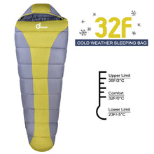 Load image into Gallery viewer, Cold Weather 32F Mummy Sleeping Bag ¨C Windproof, Waterproof, Super Comfortable Bag with Compression Sack for Camping, Traveling, Survival and Outdoor Activities
