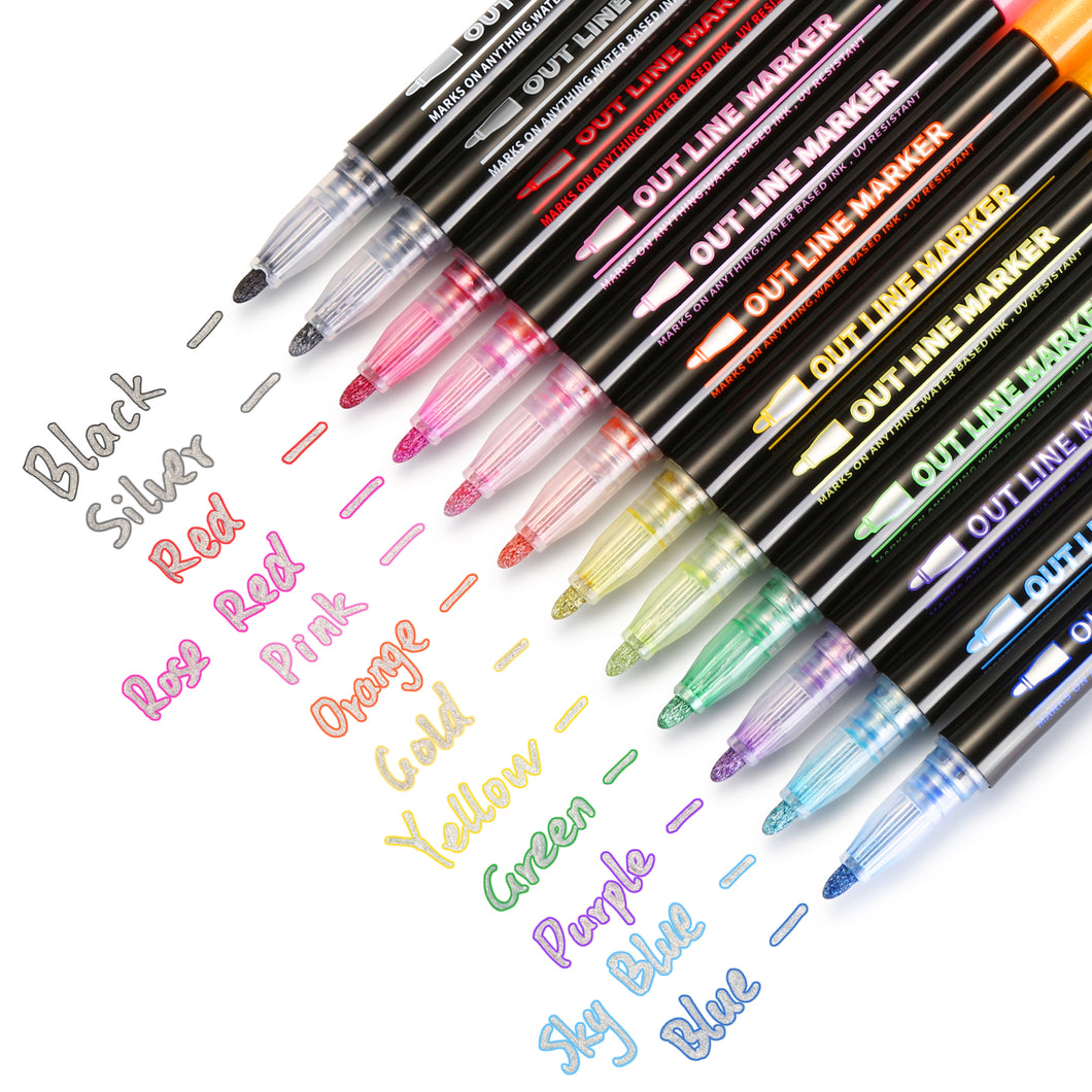 AGPtEK 12 Colors Double Line Outline Pens Metallic Self-Outline Pen Markers for Greeting Cards Craft Projects Scrapbooks