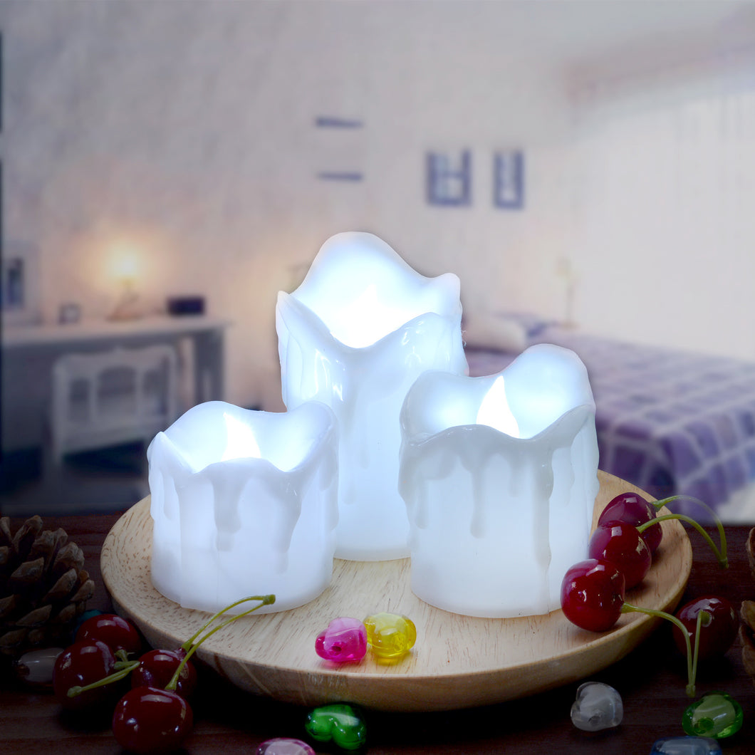 LED Candles Battery Operated Flameless smokeless 3 PCS/set Wax Dripped Exterior design Premium Votive Candles for Wedding/Party Decorations cool white