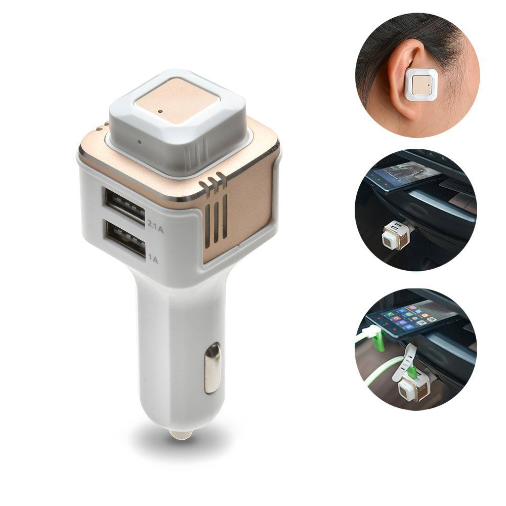 Bluetooth Headset, AGPtek 3-in-1 Wireless Bluetooth 4.0 Car Charger Dual USB Headphone Earbud with Hands-free Mini Wireless Stereo Earphone Air Freshener Deodorizer - White & Champaign Gold