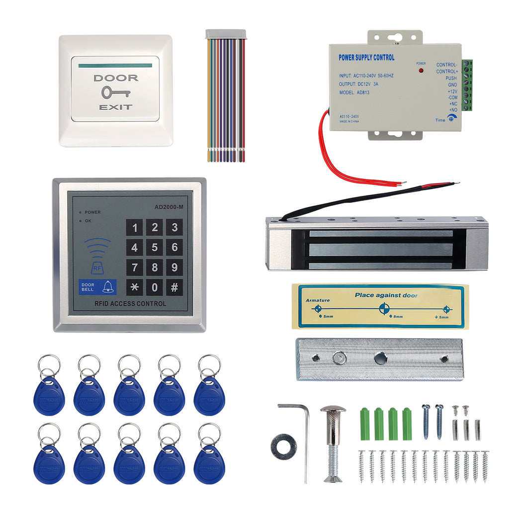RFID Door Access Control System Kit 350LB Electric Magnetic Lock + Power Supply + Entry Keypad + 10 Key Fobs