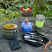 Load image into Gallery viewer, ODOLAND Camping Cookware Kit Lightweight Portable Cookware Set with Water Cup Fork Kit and Multi-functional Carabiner with Knife, Great for Backpacking Outdoor Camping Hiking and Picnic
