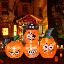 Load image into Gallery viewer, CAMULAND 4.9 FT Halloween Pumpkin Outdoor Decoration with a Wizard Hat, a Spider and a Skull Head
