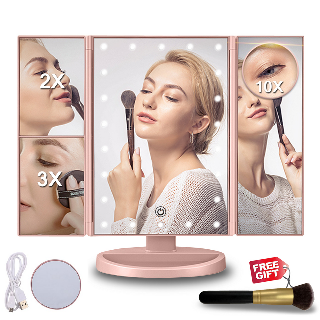 Tri-fold Vanity Makeup LED Mirror USB Touch Screen 10X Magnifing Mirror Tabletop