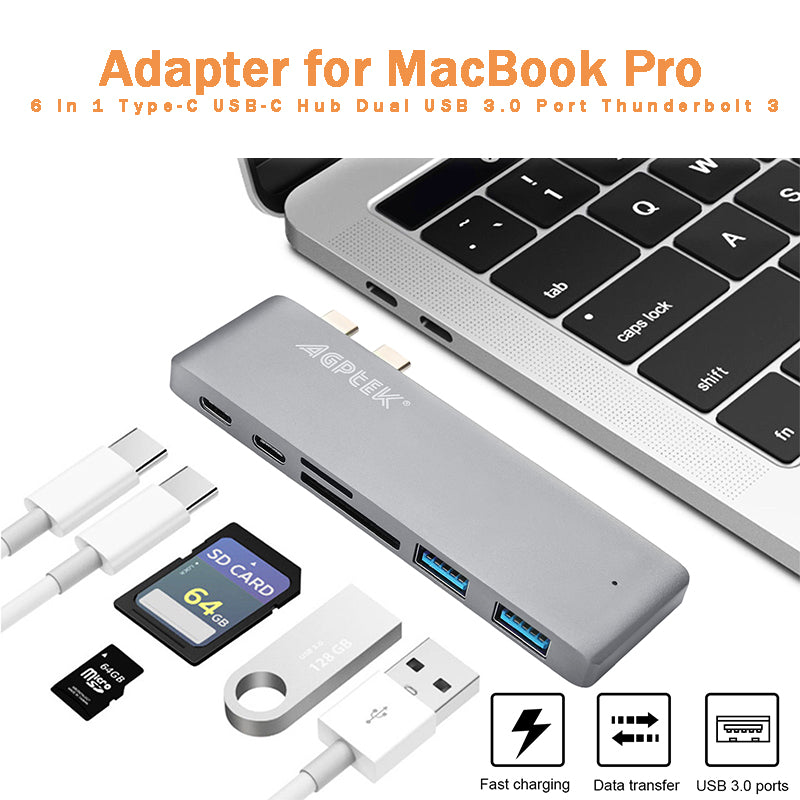 6 in 1 Type-C USB-C Hub Adapter Dual USB 3.0 Port Thunderbolt 3 for MacBook Pro