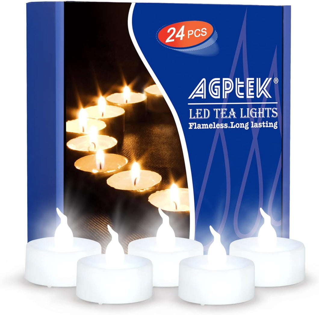 AGPtEK 24pcs Timer Flickering Flameless LED Candles Battery-Operated Tealights for Wedding Holiday Party Home Decoration (Cool White)