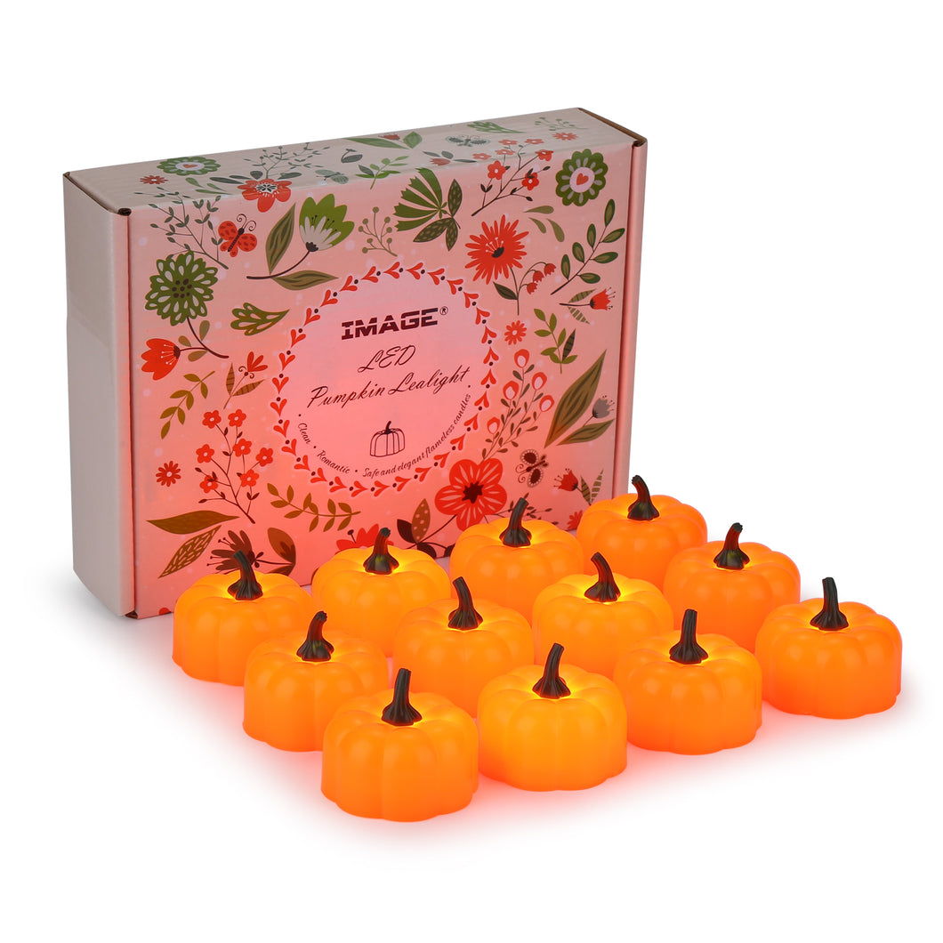 IMAGE 12 Packs LED Pumpkin Lights Battery Operated Pumpkin Tealight Candles for Halloween, Christmas, Thanksgiving and Theme Parties