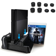 Load image into Gallery viewer, Agptek PS4 Vertical Stand with Cooling Fan, Dual Controllers Charging Station with 12 Game Storage Slots, 2 Port USB Hub &amp; 8 Bonus Thumb Grip Cover Cap, Multi-Functional Cooling Stand, Compatible with PS4, PS4 Slim &amp; PS4 Pro Console, Black
