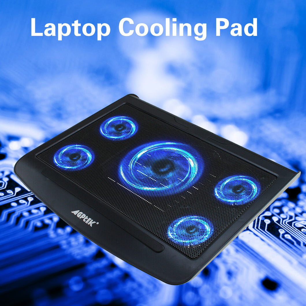 Portable 5 Fans Cooling Pad LED Light Radiator Coolpad Stand Laptop PC Notebook