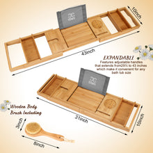 Load image into Gallery viewer, Wooden Bathtub Tray Extendable Adjustable Non-Slip with Wine Glass Slot Phone Tray Book Holder
