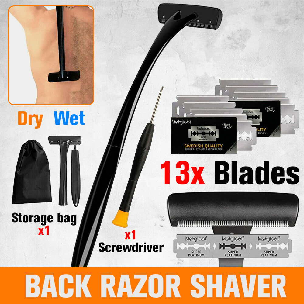 18in Back Hair Removal Body Shaver Ergonomic Handle Shave Wet/Dry w/ 13 Blades