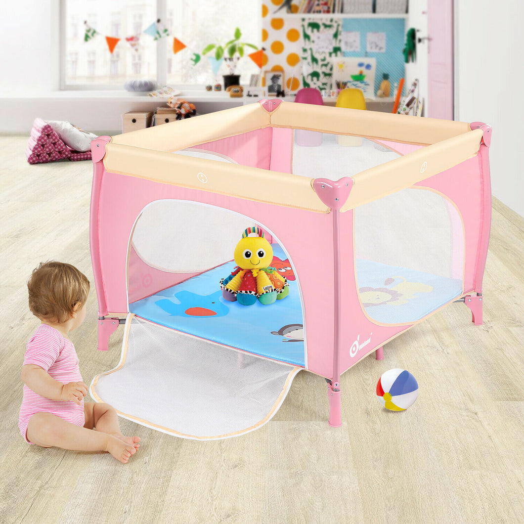 Pink 39''x 39'' Infant Toddler Foldable Playpen Playard Mattress Safety Rail Fence